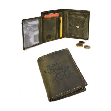 Portofel barbati  piele naturala - verde - 9.5x12.5x2.5cm - model stantat cerb - 7 sloturi pentru carduri