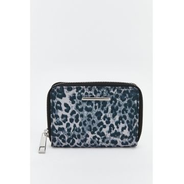 Portofel cu animal print si fermoar - Gri deschis/Albastru gentian