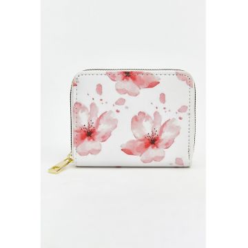 Portofel cu imprimeu floral si fermoar - Rosu/Alb
