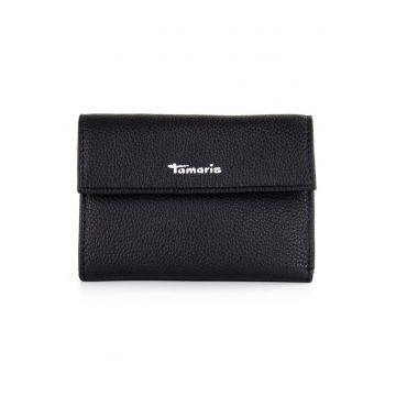 Portofel de piele cu clapa si aspect granulat - Negru