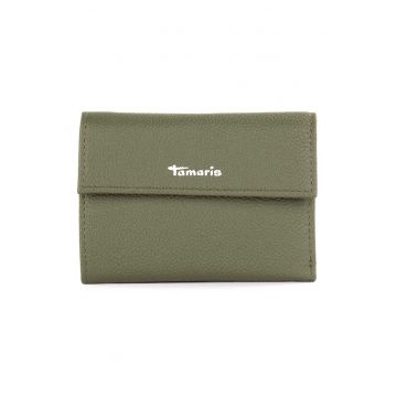 Portofel de piele cu clapa si aspect granulat - Verde masliniu