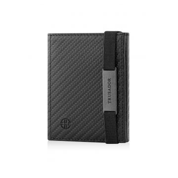 Portofel piele naturala cu cu oglinda si protectie anti scanare carduri RFID - design compact trifold - Marseille - Carbon Fiber Negru