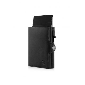 Portofel piele naturala cu Pop-Up si protectie anti scanare carduri RFID - design compact trifold - Palermo - negru