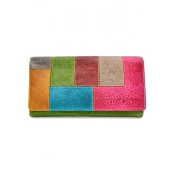 Portofel piele naturala verde / multicolor 18 x 9.5 x 3.5 cm - Candy Shop -