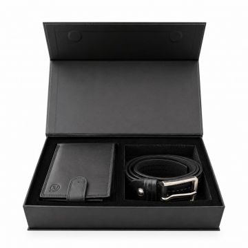 Set cadou pentru barbati, Portofel + Curea, piele naturala, model elegant, SET39, Negru