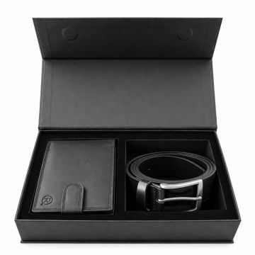 Set cadou pentru barbati, Portofel + Curea, piele naturala, model elegant, SET40, Negru