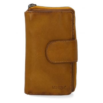 Portofel dama  piele naturala galben 16x10cm cu buzunar exterior