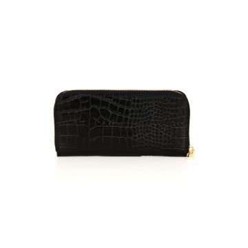 Portofel din piele cu aspect de piele de crocodil - Negru
