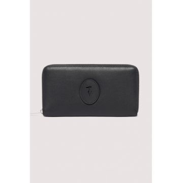Portofel din piele cu fermoar si model monograma - Negru