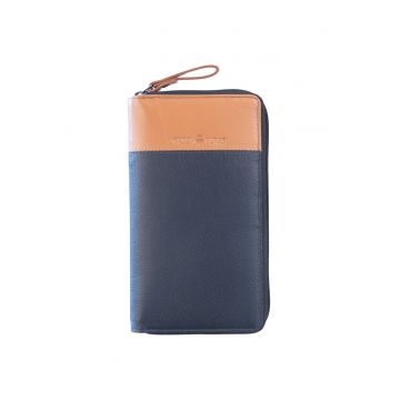 Portofel piele naturala bleumarin - bej 19.5 x 11 x 2 cm - Duett -