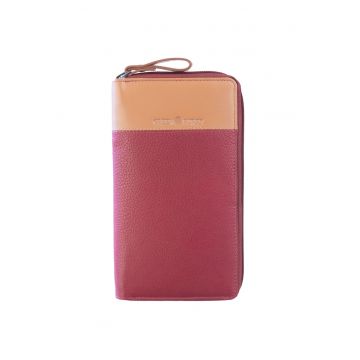 Portofel piele naturala maro deschis 19.5 x 11 x 2 - Duett -  Maro deschis - Rosu/Bej - 19.5 x 11 x 2 cm