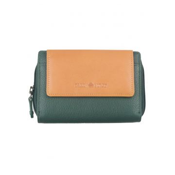 Portofel piele naturala verde - bej 10 x 14 x 4 cm - Duett -