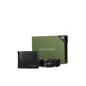 Set de portofel din piele si curea Silvano - Negru