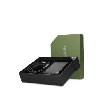 Set de portofel din piele si curea Silvano - Negru