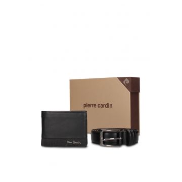 Set de portofel din piele si curea Valerian - Negru