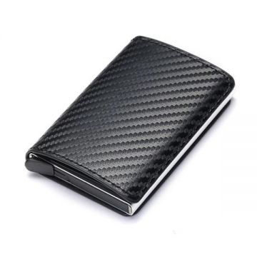 Portcard securizat Rfid cu glisare rapida, piele ecologica, Compartiment 7 carduri si bancnote, Negru Carbon