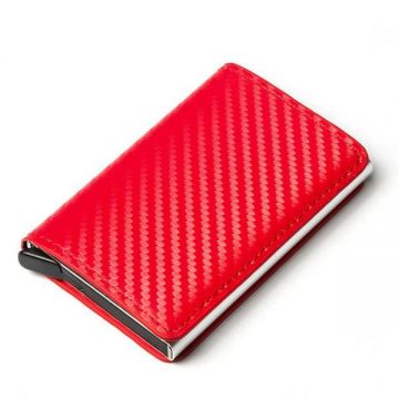 Portcard securizat Rfid cu glisare rapida, piele ecologica, Compartiment 7 carduri si bancnote, Rosu Carbon