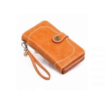 Portofel dama, tip borseta , piele ecologica, cu bareta, maro caramel, 190x100x40 mm