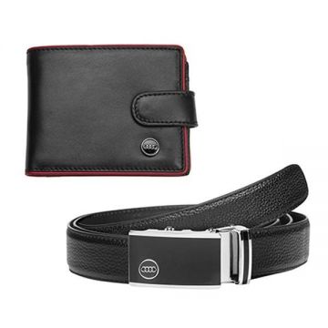 Set portofel si curea, din piele naturala, negru, cu sigla Audi, cadou de lux pentru barbati